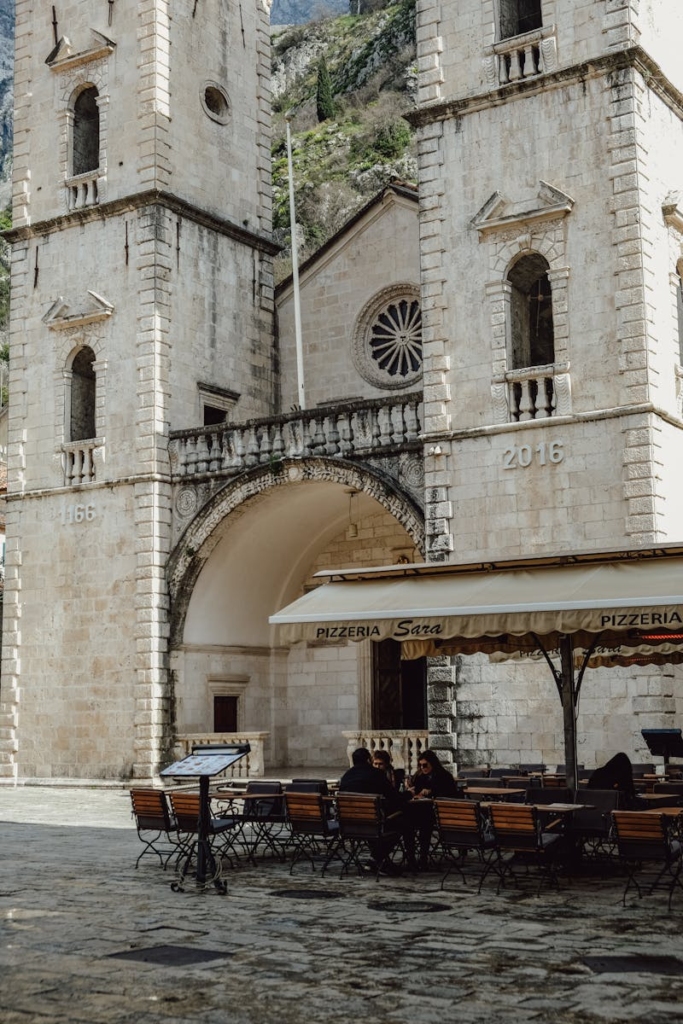 Restaurant Tables in Front of the Cathedral of Saint Tryphon in Kotor Montenegro